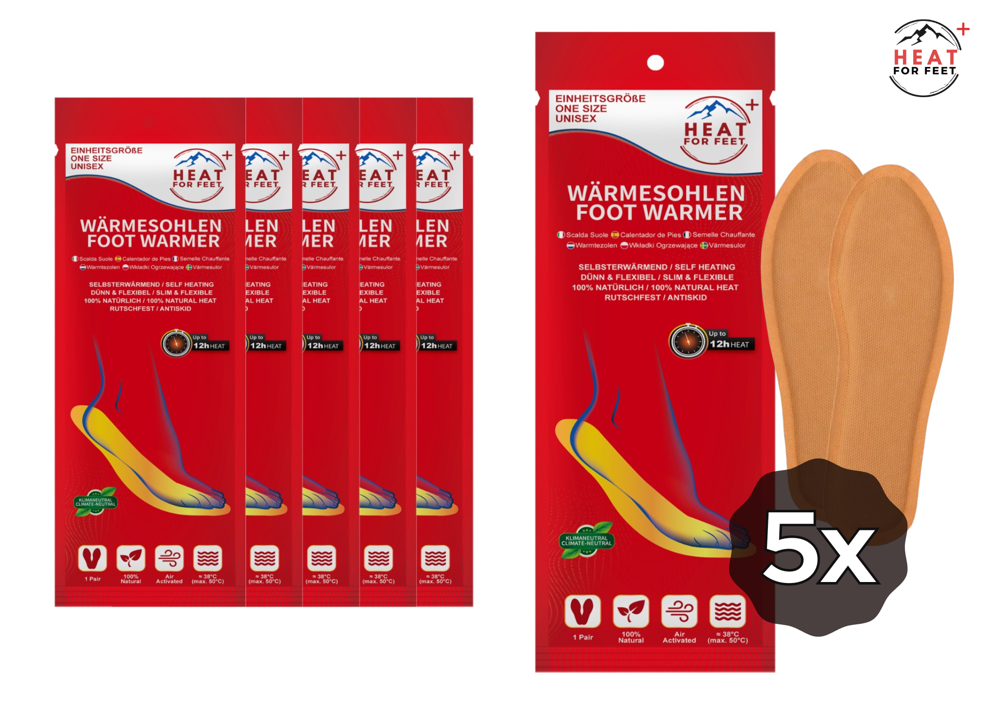 Heat for Feet, 10 pairs of heated insoles, up to 12 hours of warmth, one size fits all (36-46), thin & flexible, insole warmers, instant warming insoles, shoe warmers